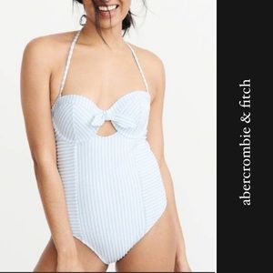 Abercrombie & Fitch Seersucker One Piece Swimsuit in Light Blue & White NWT • L